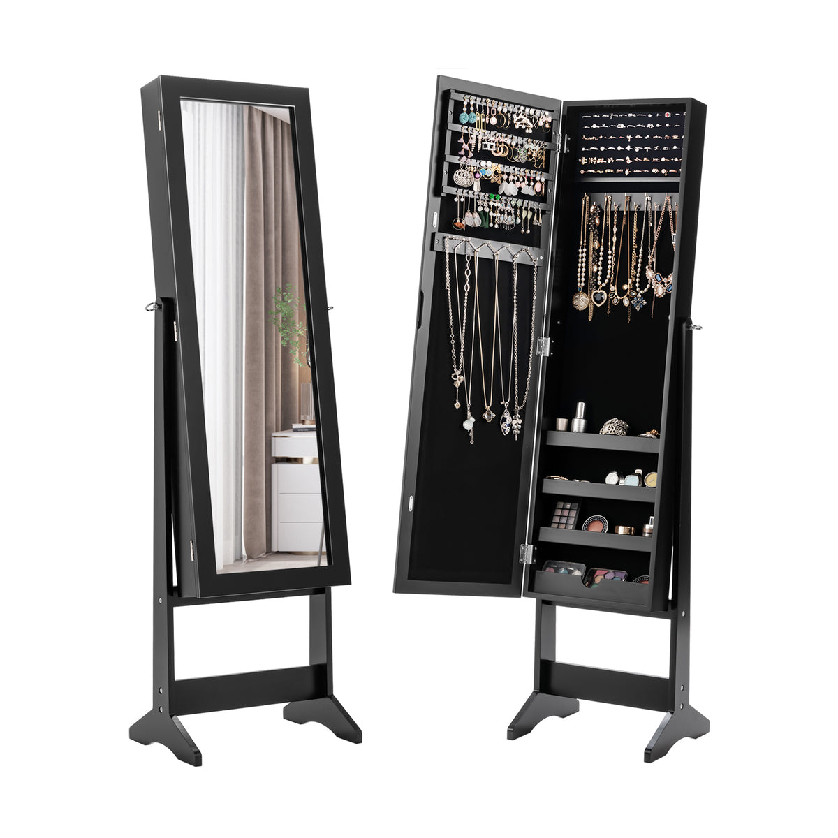 Mirrored Standing Jewelry Cabinet Storage Box - Black