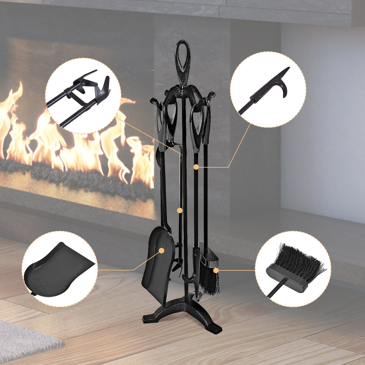 5-Piece Fireplace Tools Set with Stand - Black