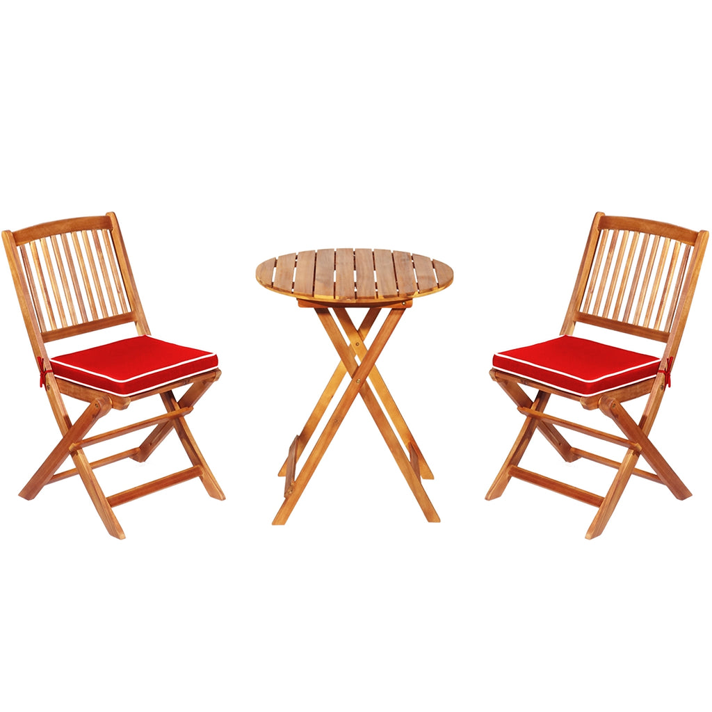 3-Piece Patio Bistro Set with Padded Cushions and Folding Table - Red