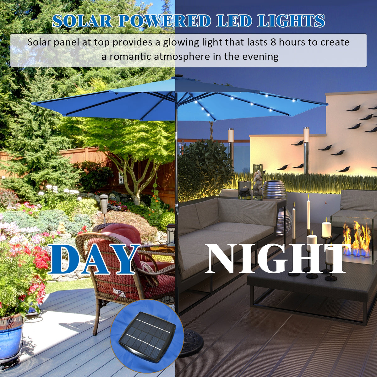 10 Ft Patio Umbrella with 24 Solar LED Lights - Blue