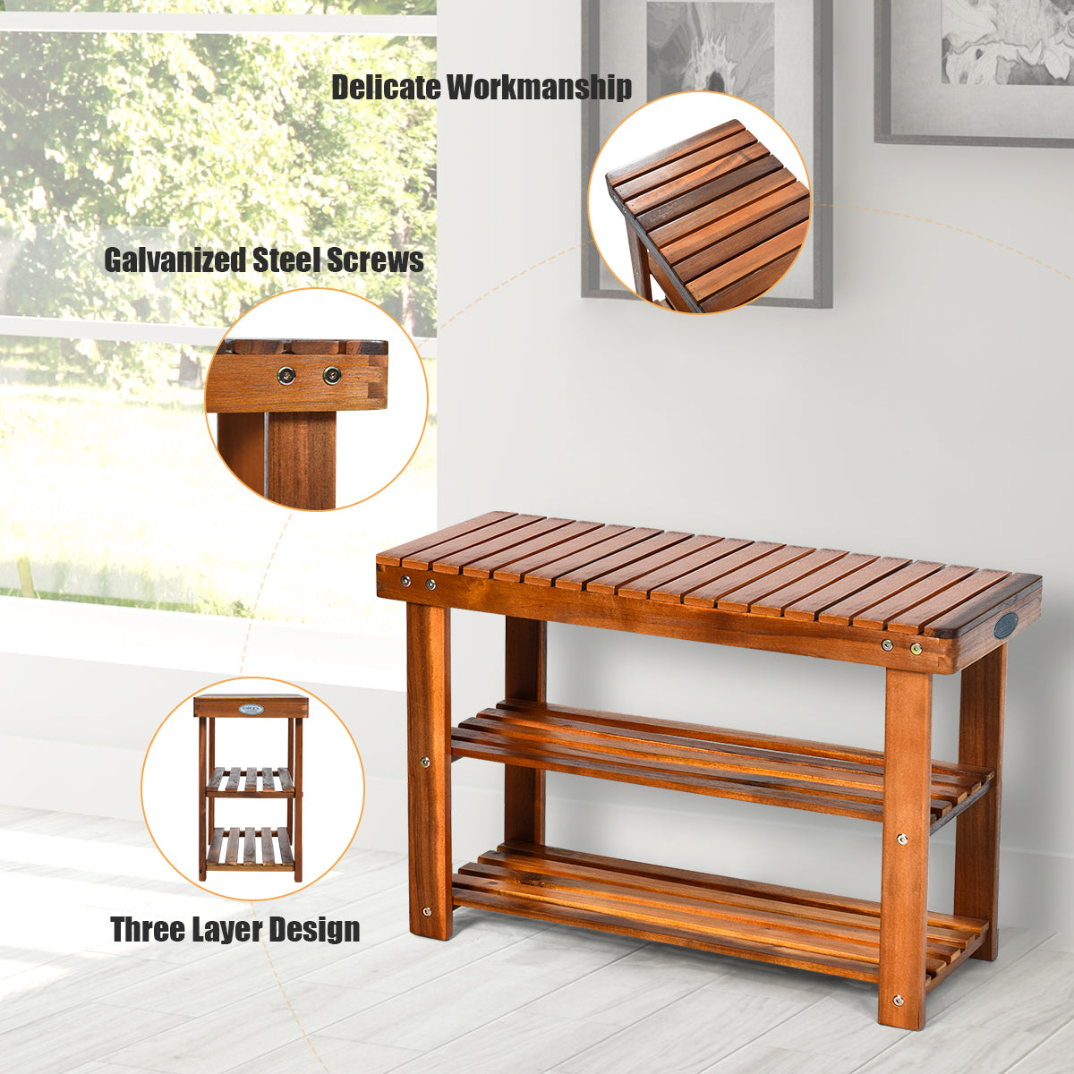 Acacia Wood Bench with 3-Tier Storage Shelves - 27.5"