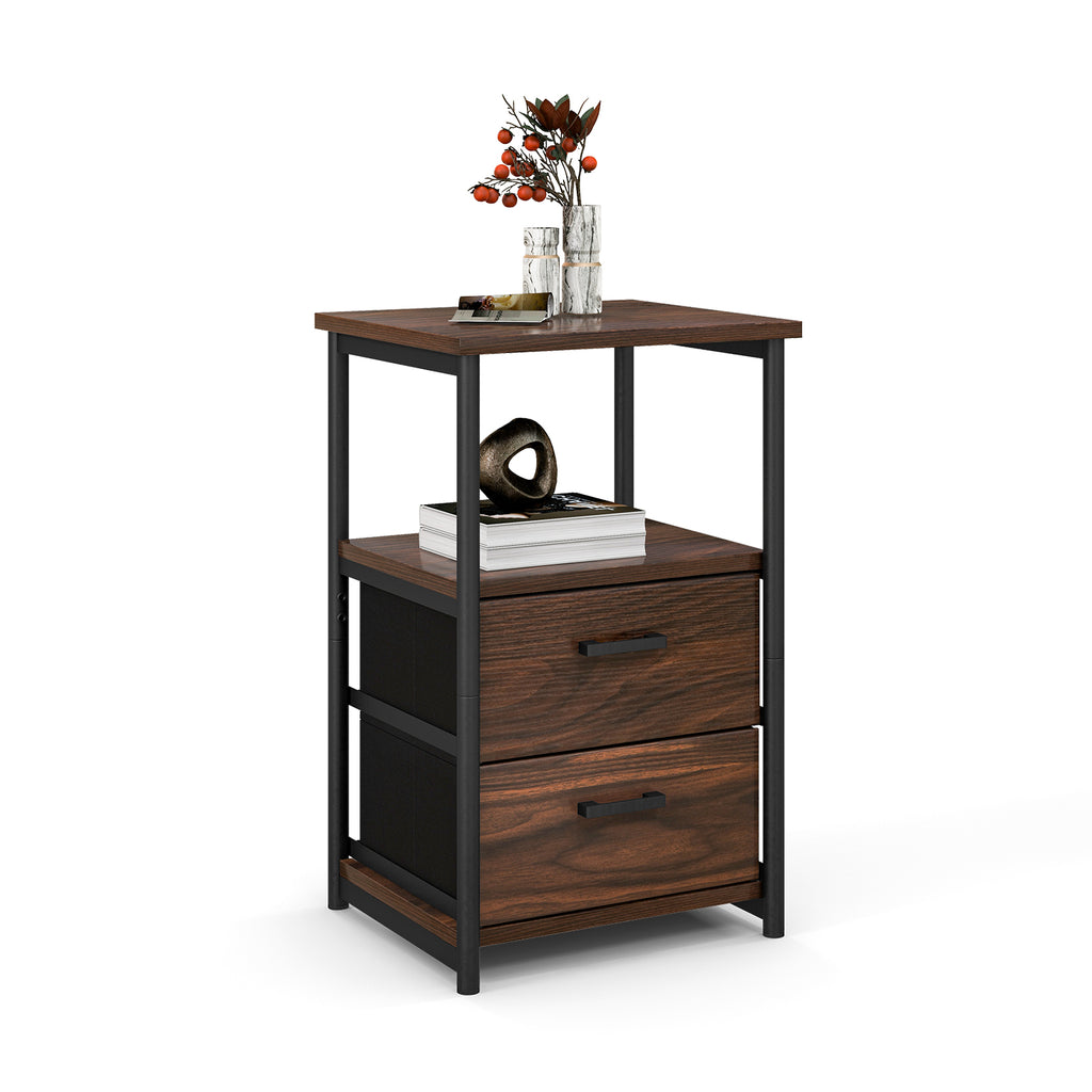 3-Tier Retro Nightstand with Fabric Drawers - Walnut