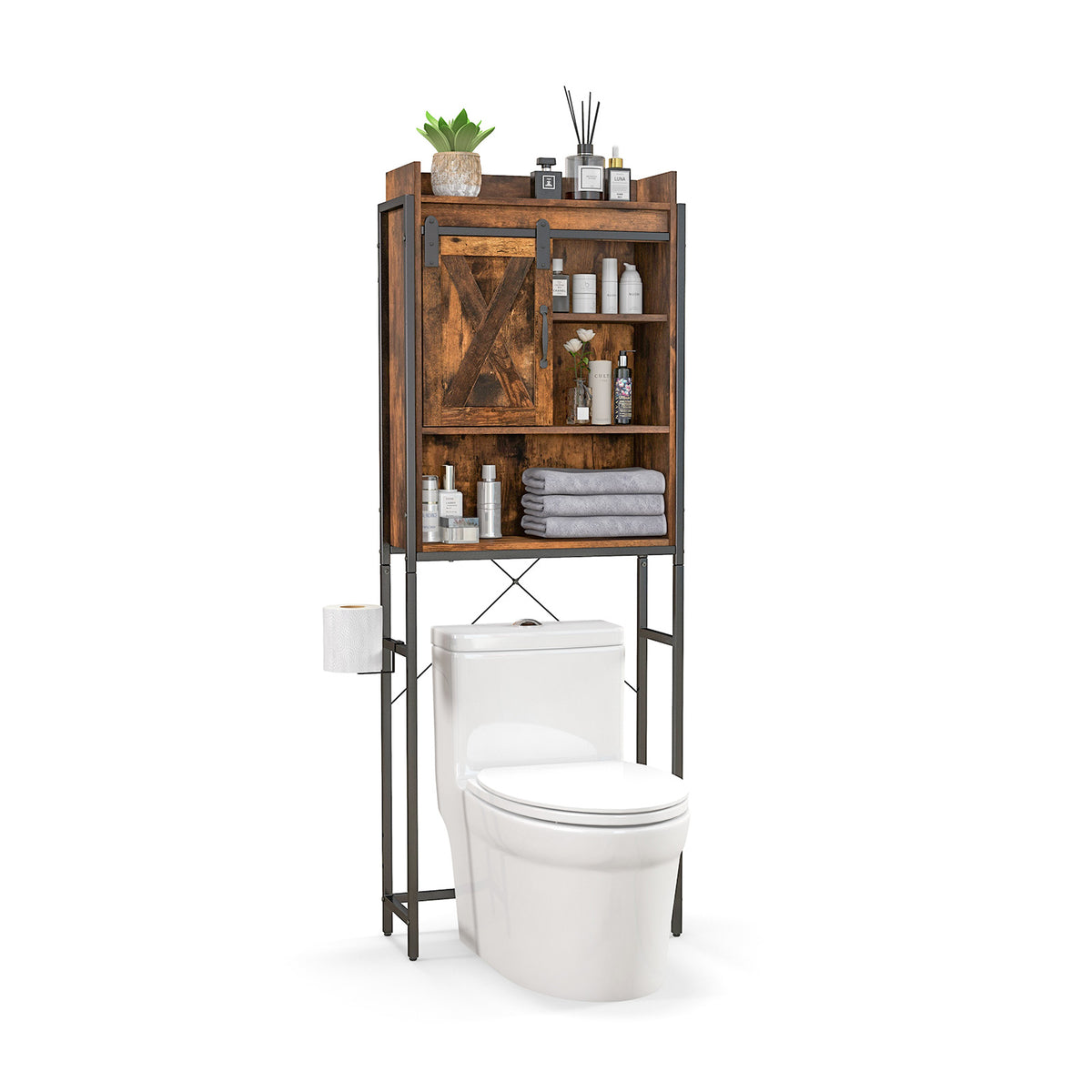 4-Tier Toilet Storage Cabinet with Sliding Barn Door, Rustic Brown