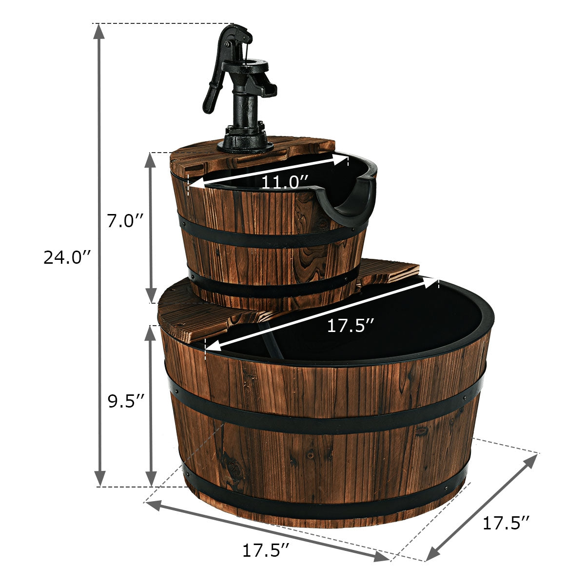 17.5"L x 17.5"W x 24"H Wooden Barrel Waterfall Fountain with Pump - Outdoor Garden Decor