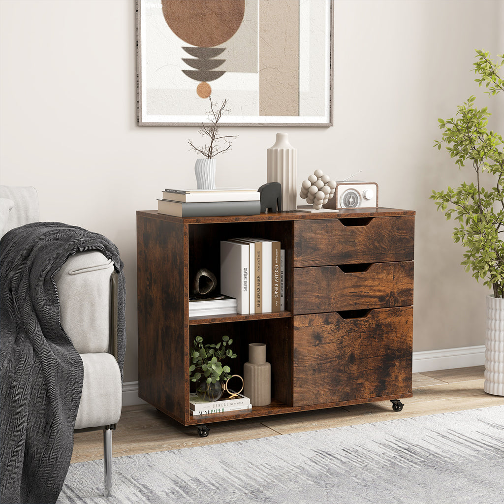 3-Drawer File Cabinet with Wheels & Adjustable Shelf - Rustic Brown