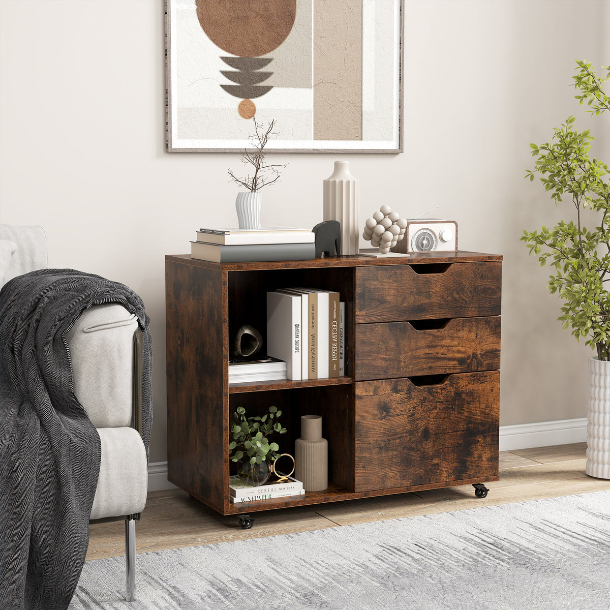 3-Drawer File Cabinet with Wheels & Adjustable Shelf - Rustic Brown