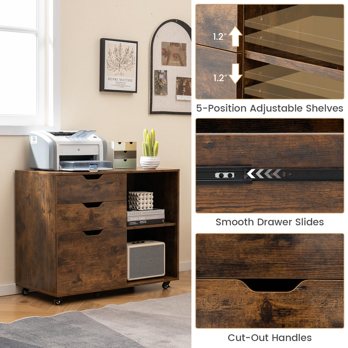 3-Drawer File Cabinet with Wheels & Adjustable Shelf - Rustic Brown
