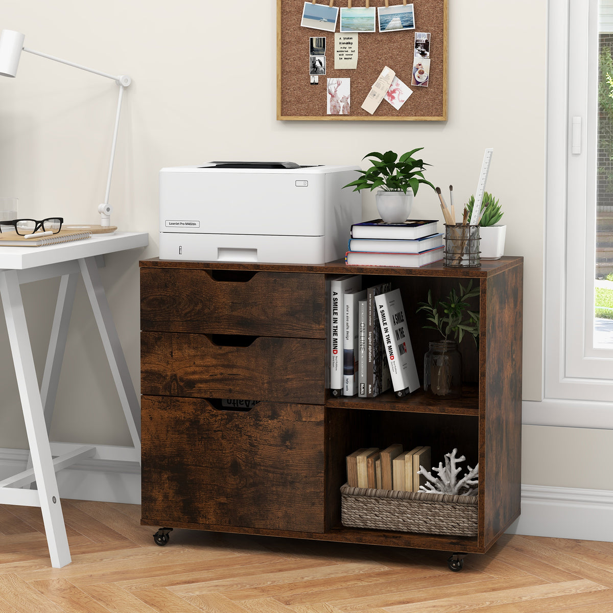 3-Drawer File Cabinet with Wheels & Adjustable Shelf - Rustic Brown