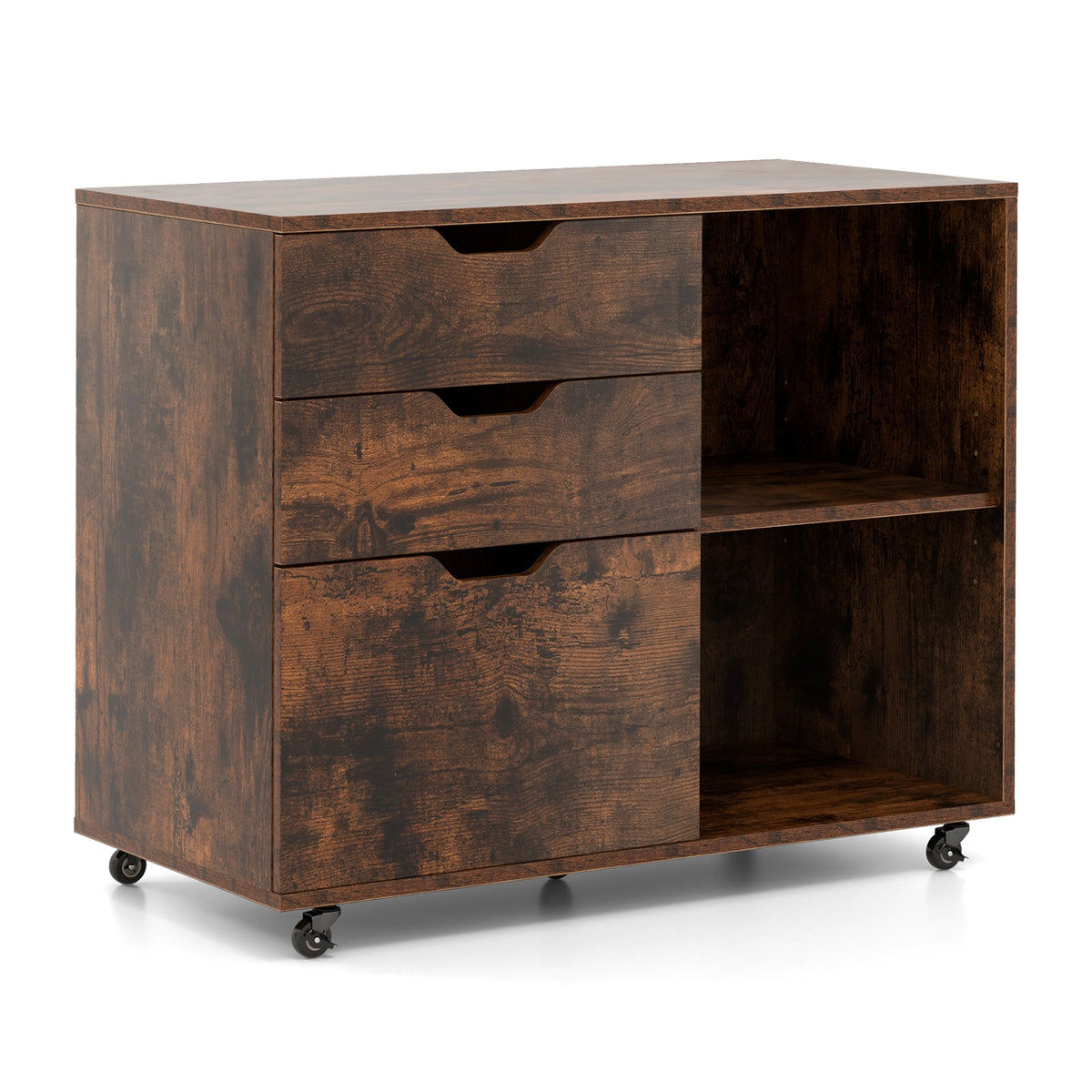 3-Drawer File Cabinet with Wheels & Adjustable Shelf - Rustic Brown