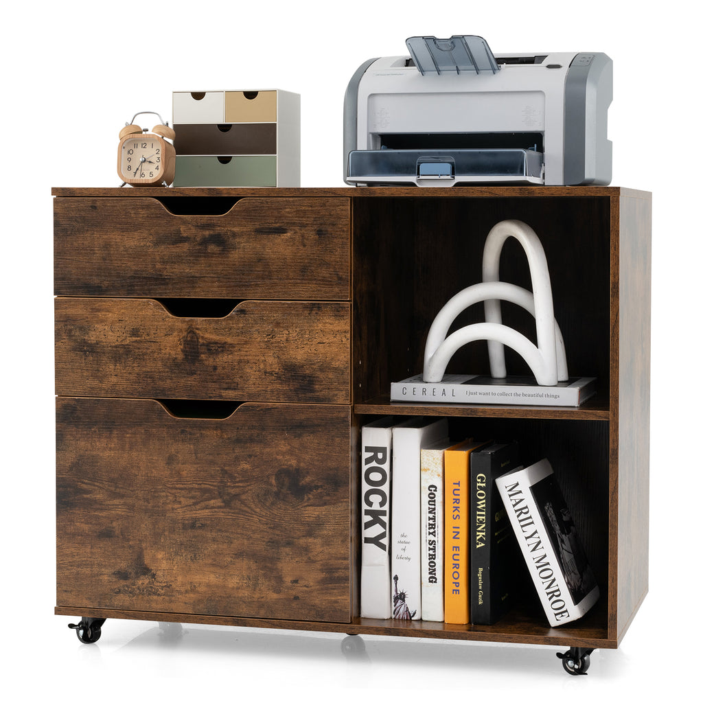 3-Drawer File Cabinet with Wheels & Adjustable Shelf - Rustic Brown