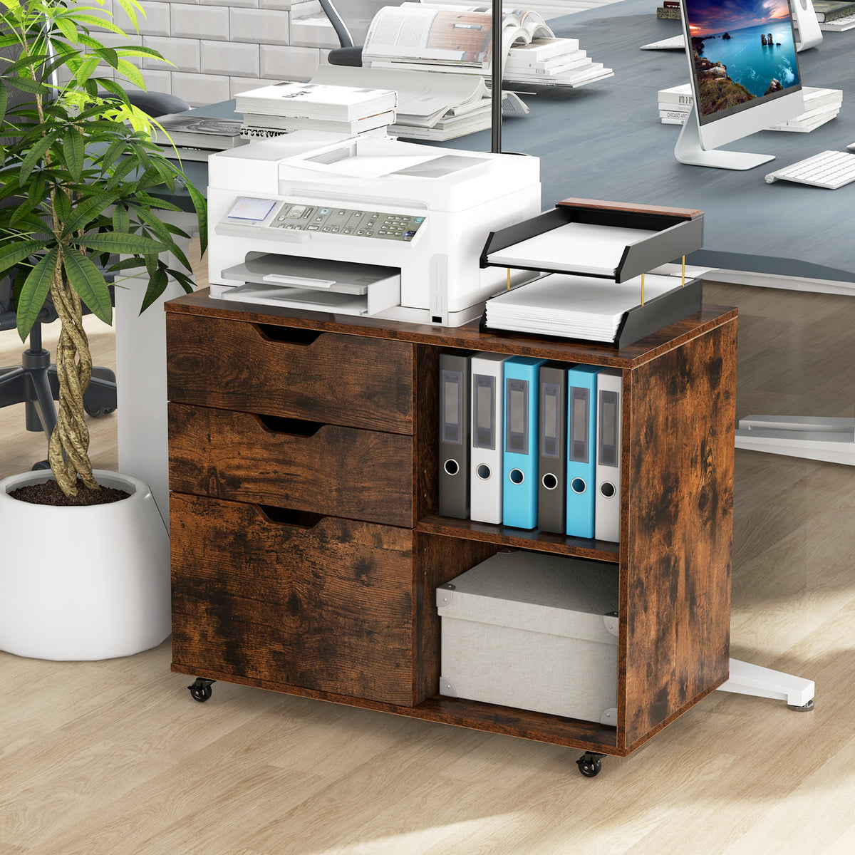 3-Drawer File Cabinet with Wheels & Adjustable Shelf - Rustic Brown