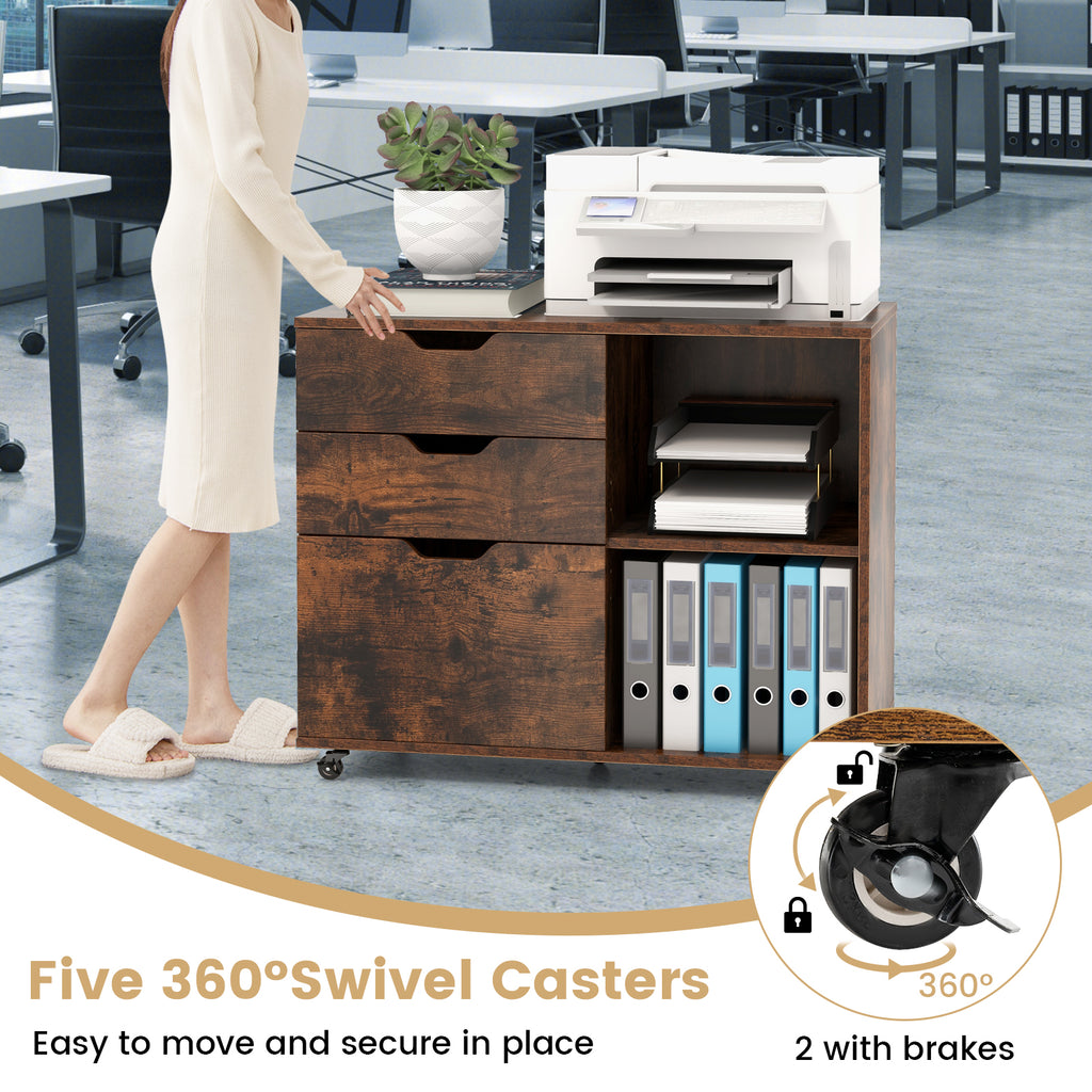 3-Drawer File Cabinet with Wheels & Adjustable Shelf - Rustic Brown