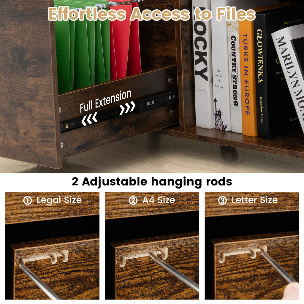 3-Drawer File Cabinet with Wheels & Adjustable Shelf - Rustic Brown