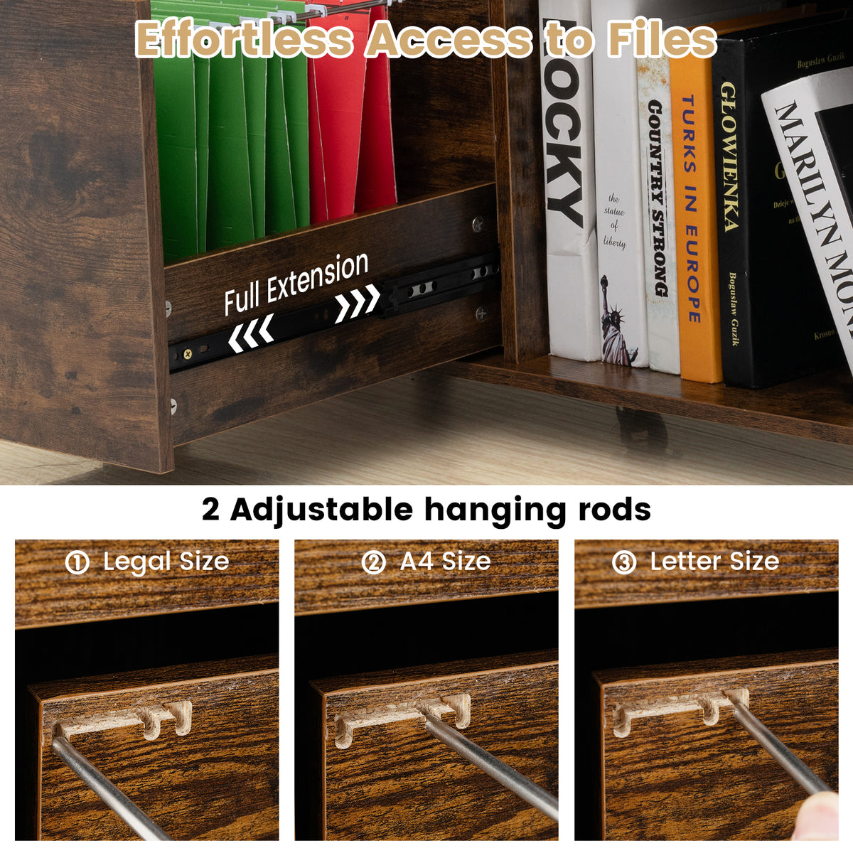3-Drawer File Cabinet with Wheels & Adjustable Shelf - Rustic Brown