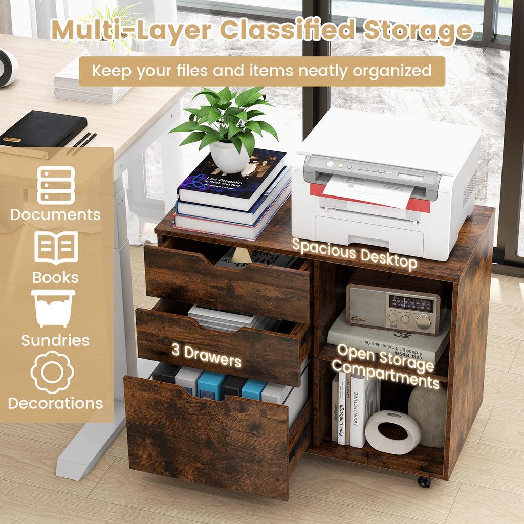 3-Drawer File Cabinet with Wheels & Adjustable Shelf - Rustic Brown