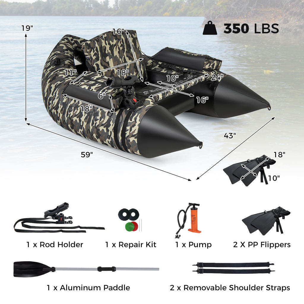 Inflatable Fishing Float Tube with Adjustable Backrest & Camouflage - 350 LBS Capacity