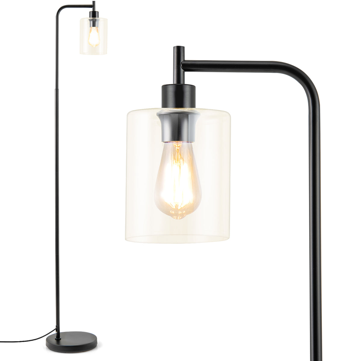 Black Modern Floor Lamp with Hanging Glass Shade & Foot Switch