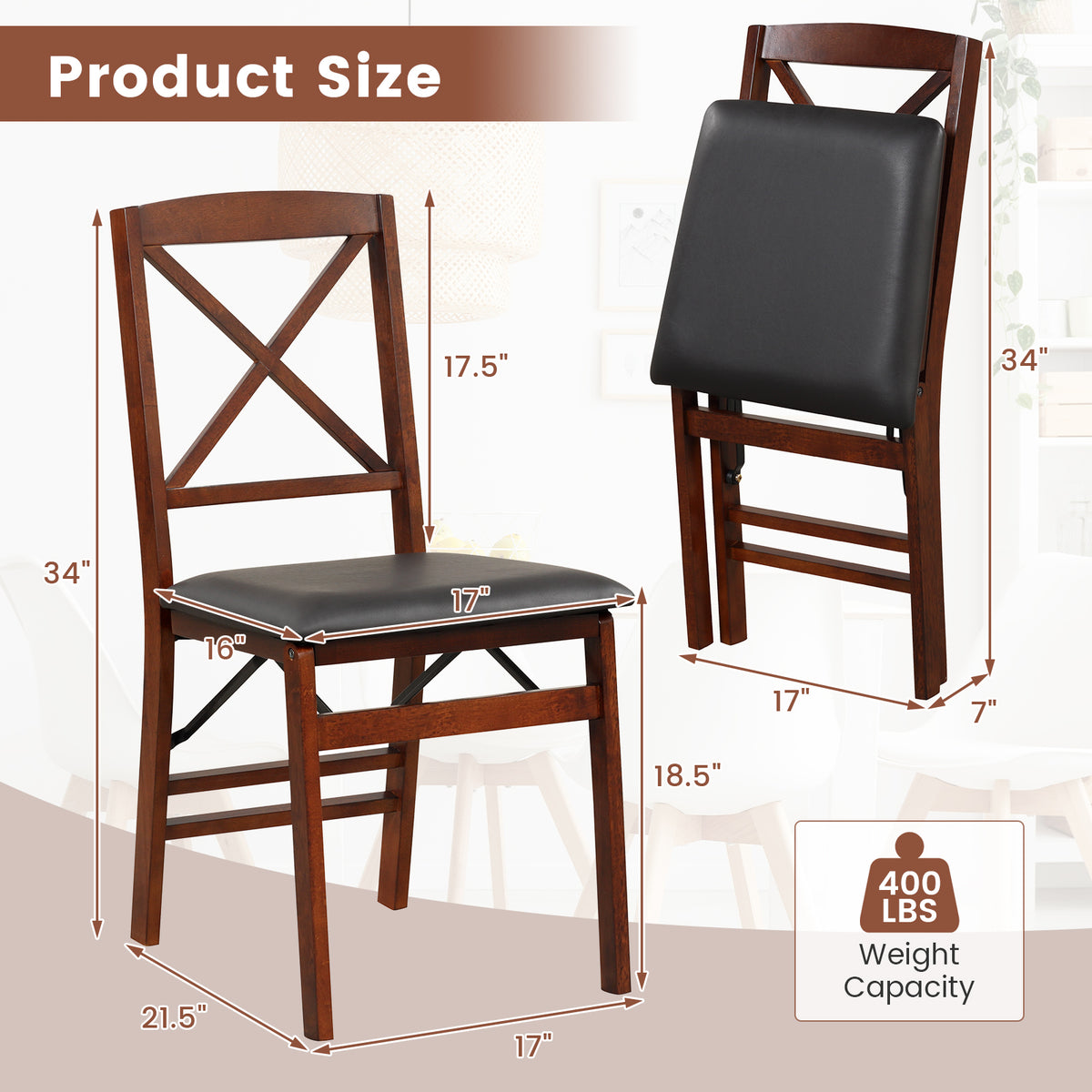 Folding Dining Chair with 400lbs Capacity - Brown X-Back