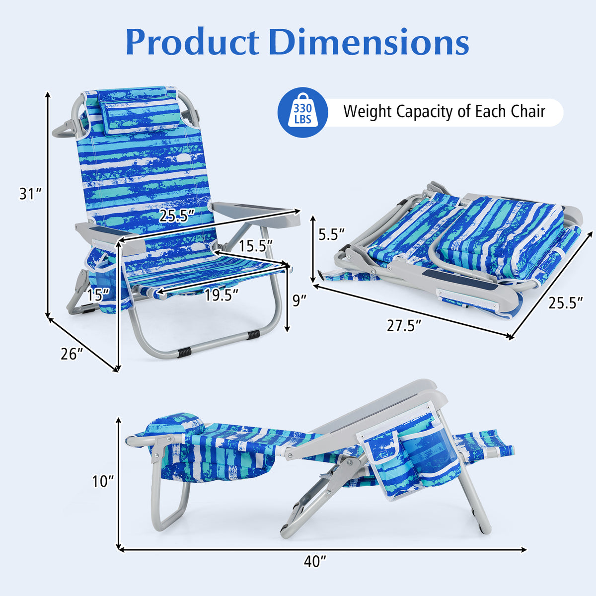 Foldable Backpack Beach Chair with Cup Holder and Storage Pockets Set