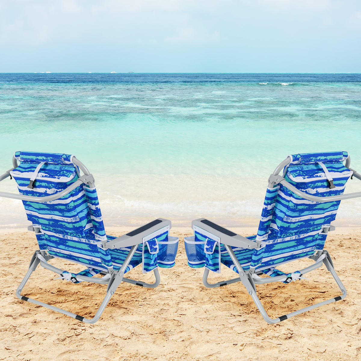 Foldable Backpack Beach Chair with Cup Holder and Storage Pockets Set