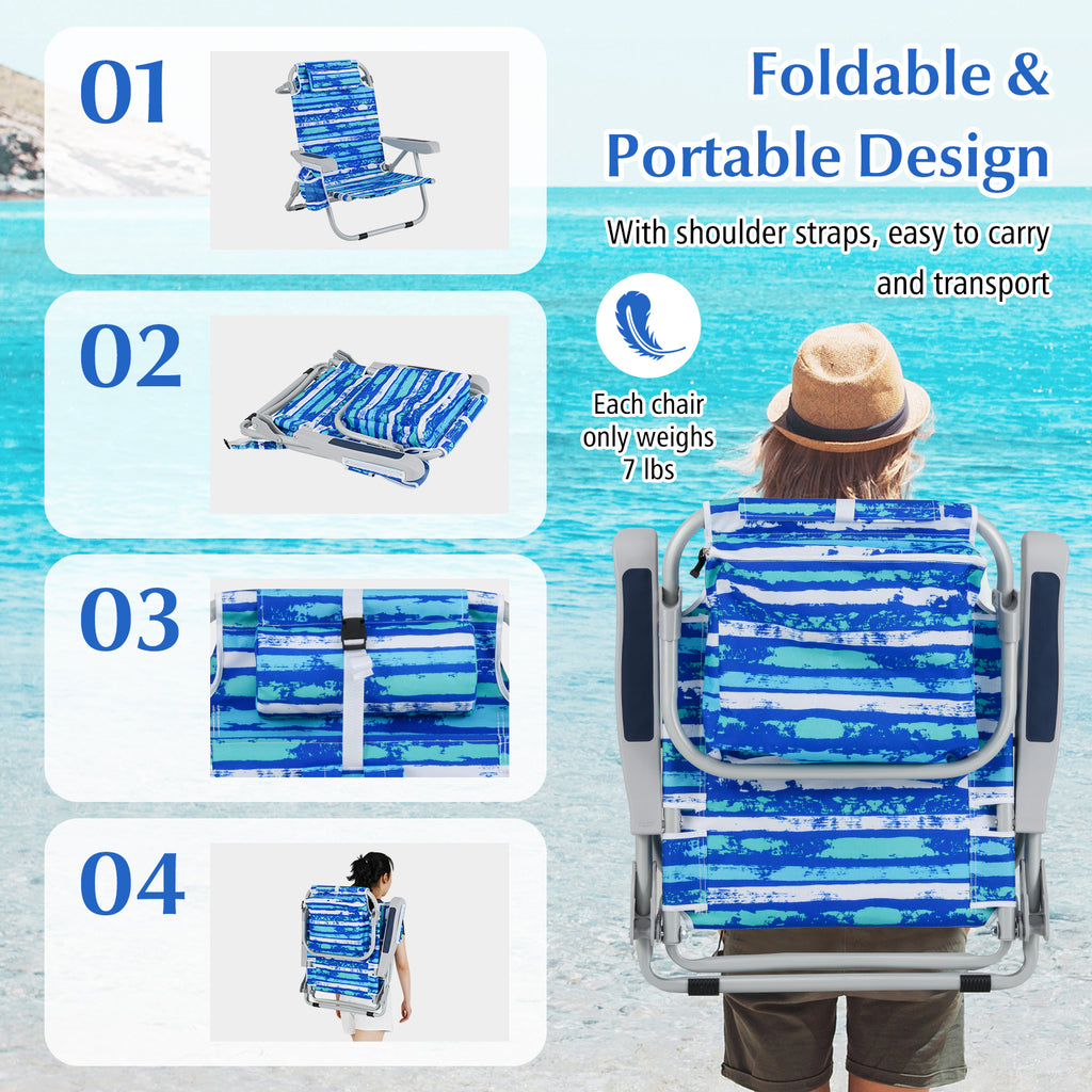 Foldable Backpack Beach Chair with Cup Holder and Storage Pockets Set