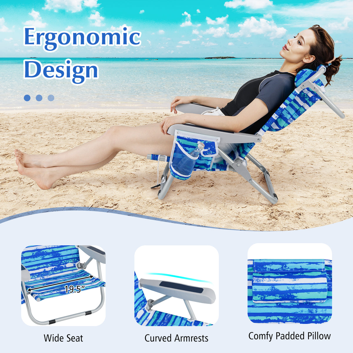 Foldable Backpack Beach Chair with Cup Holder and Storage Pockets Set