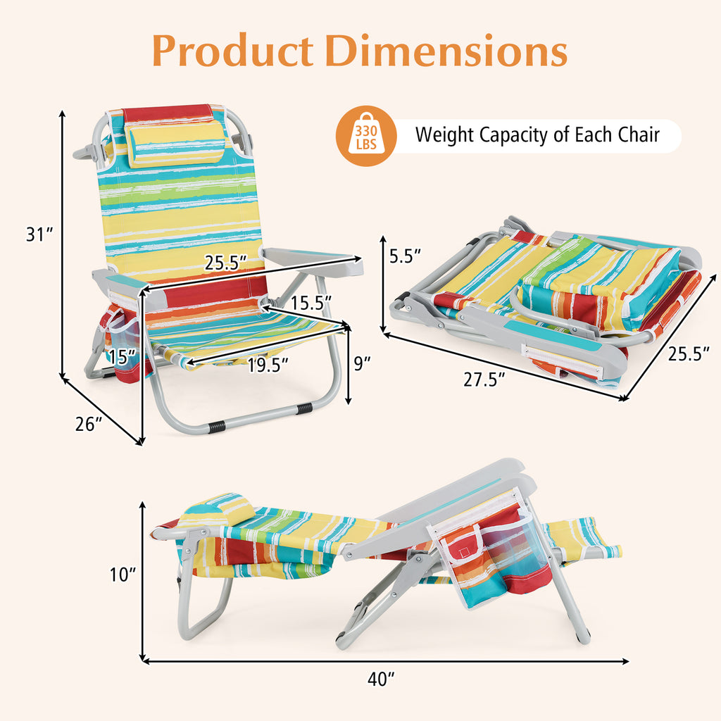 Foldable Backpack Beach Chair with Cup Holder and Storage Pockets Set