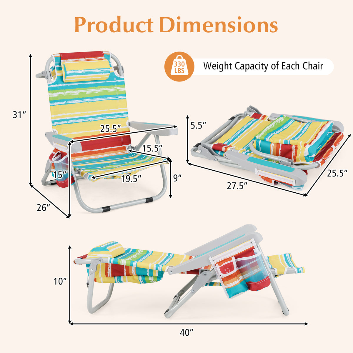 Foldable Backpack Beach Chair with Cup Holder and Storage Pockets Set