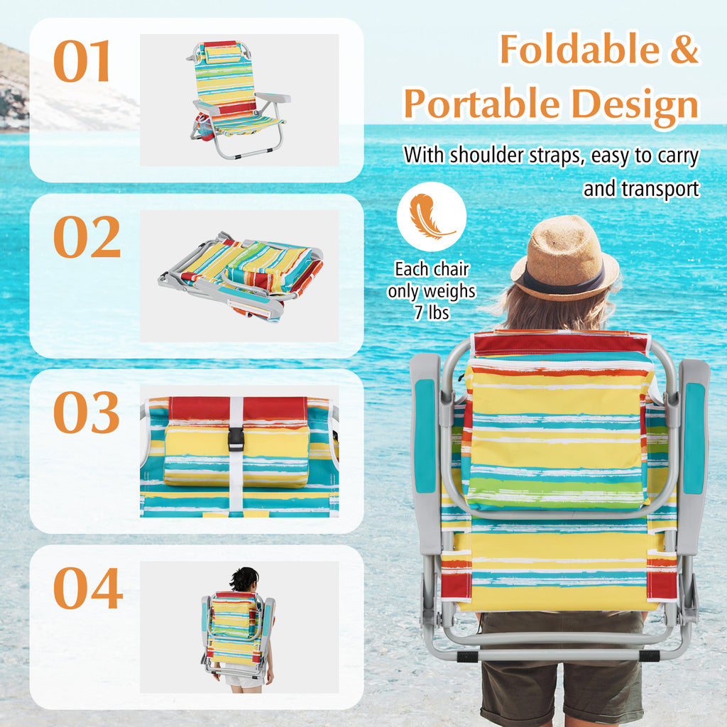 Foldable Backpack Beach Chair with Cup Holder and Storage Pockets Set