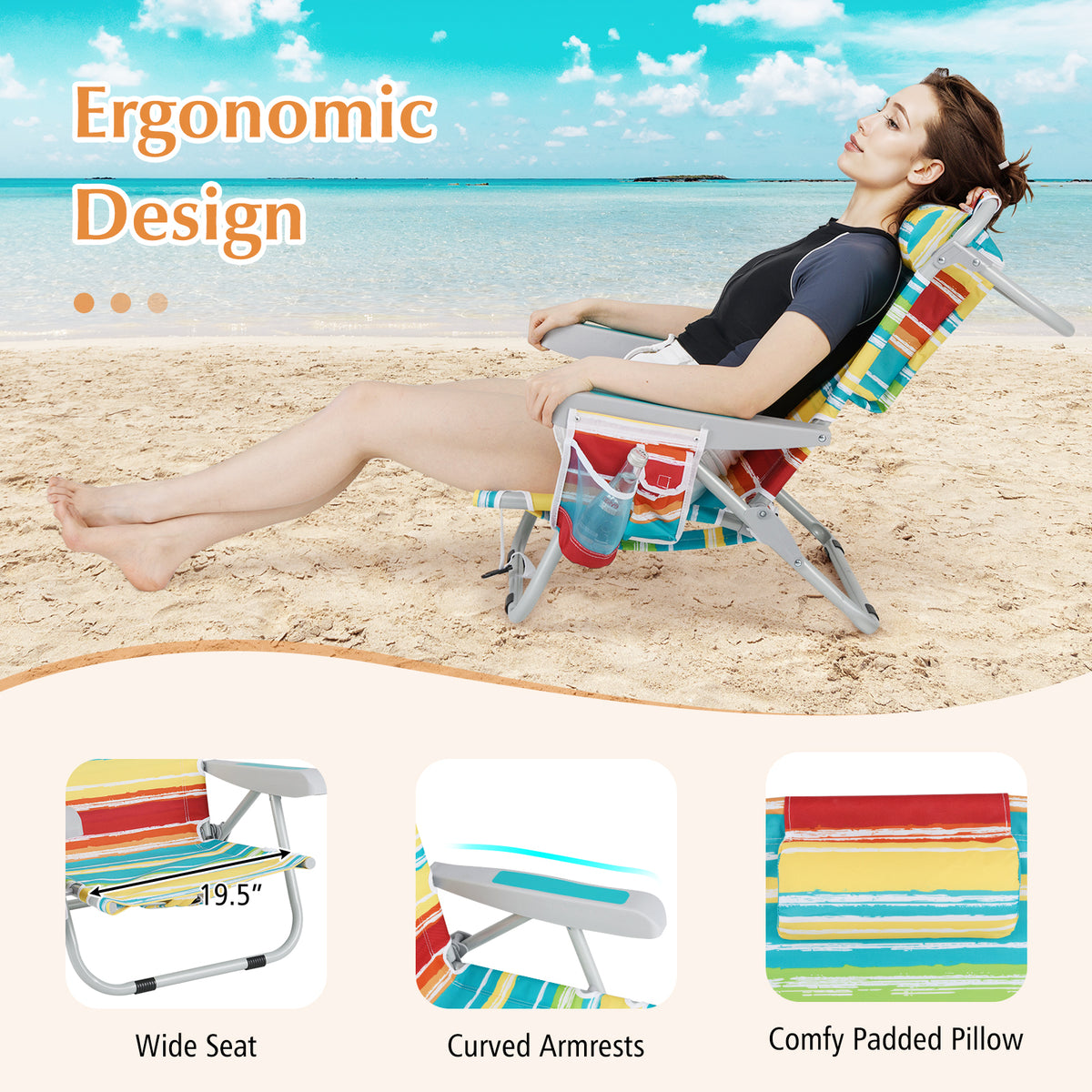 Foldable Backpack Beach Chair with Cup Holder and Storage Pockets Set