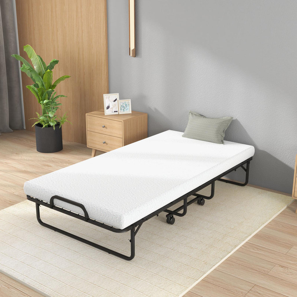 Twin Size Metal Folding Bed with Memory Foam Mattress - Hook and Loop Fasteners