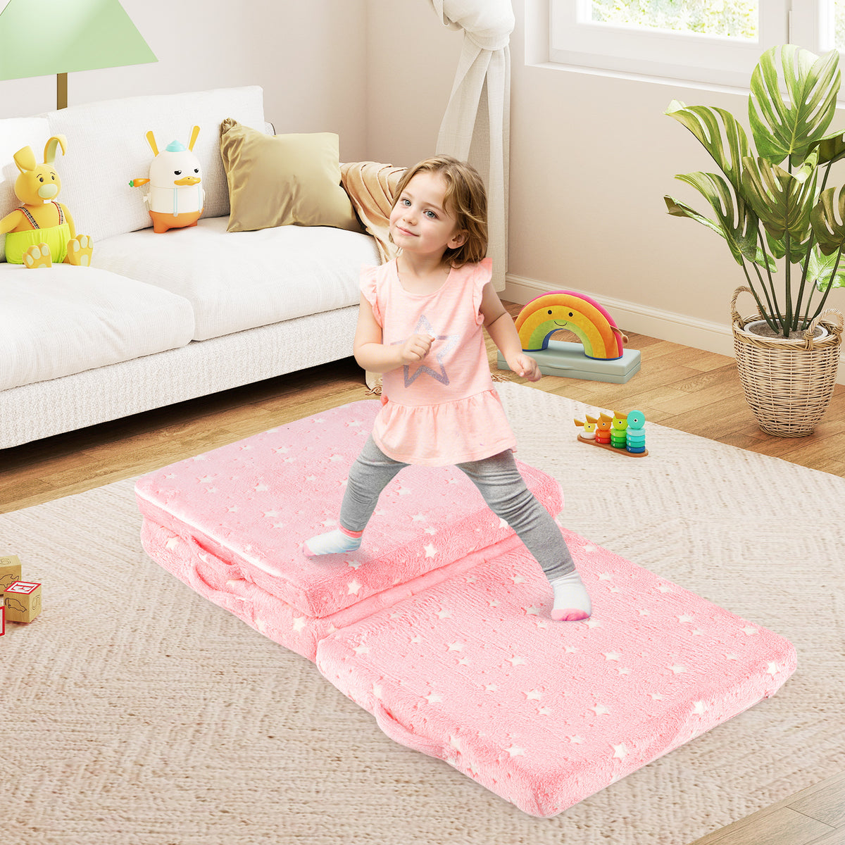 Kids Foldable Luminous Floor Mattress with Washable Flannel Cover - Pink