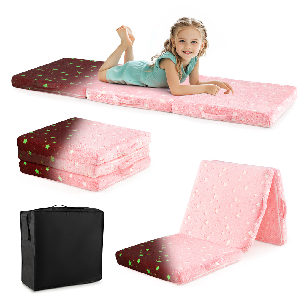 Kids Foldable Luminous Floor Mattress with Washable Flannel Cover - Pink