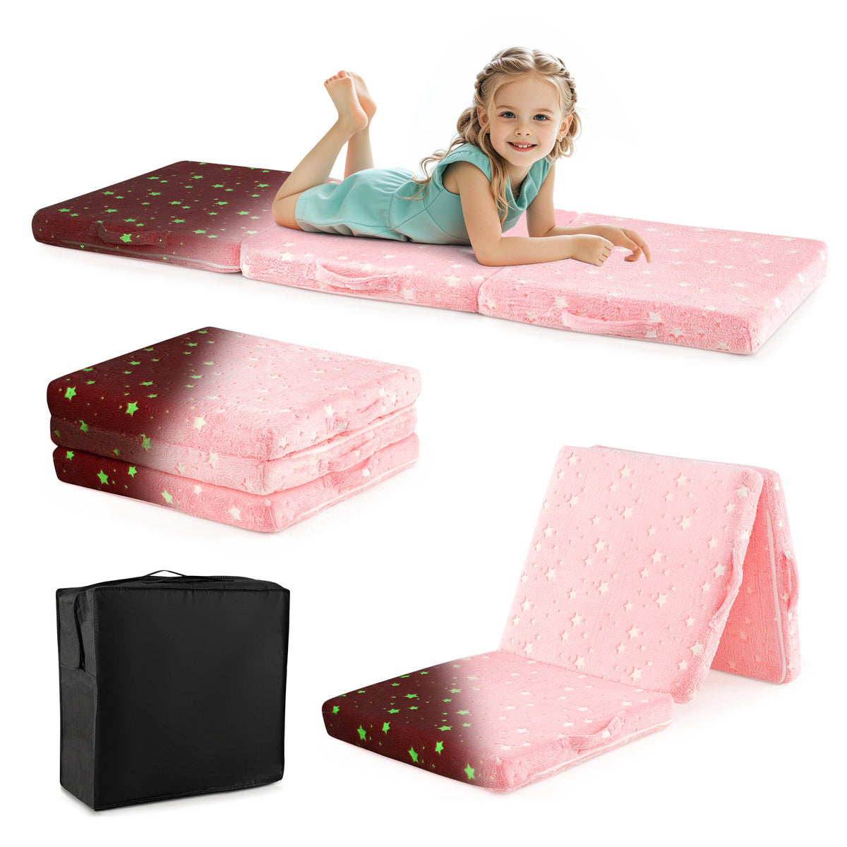 Kids Foldable Luminous Floor Mattress with Washable Flannel Cover - Pink