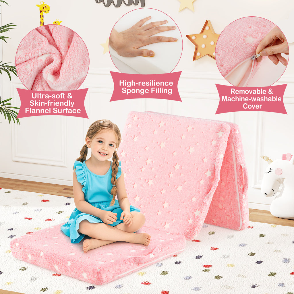 Kids Foldable Luminous Floor Mattress with Washable Flannel Cover - Pink