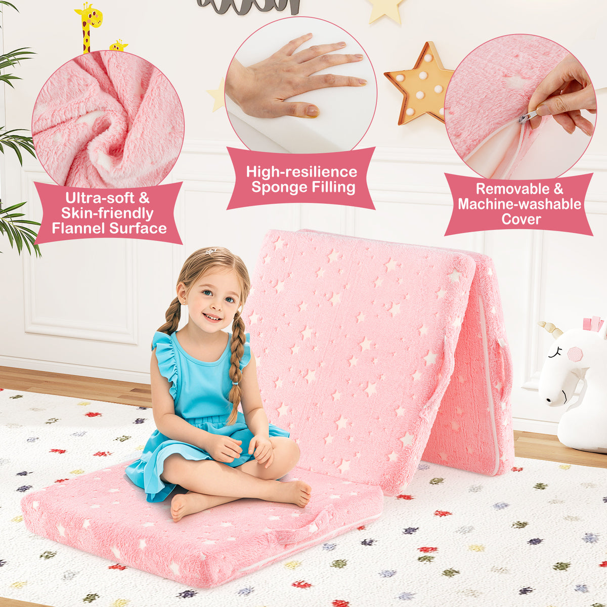 Kids Foldable Luminous Floor Mattress with Washable Flannel Cover - Pink