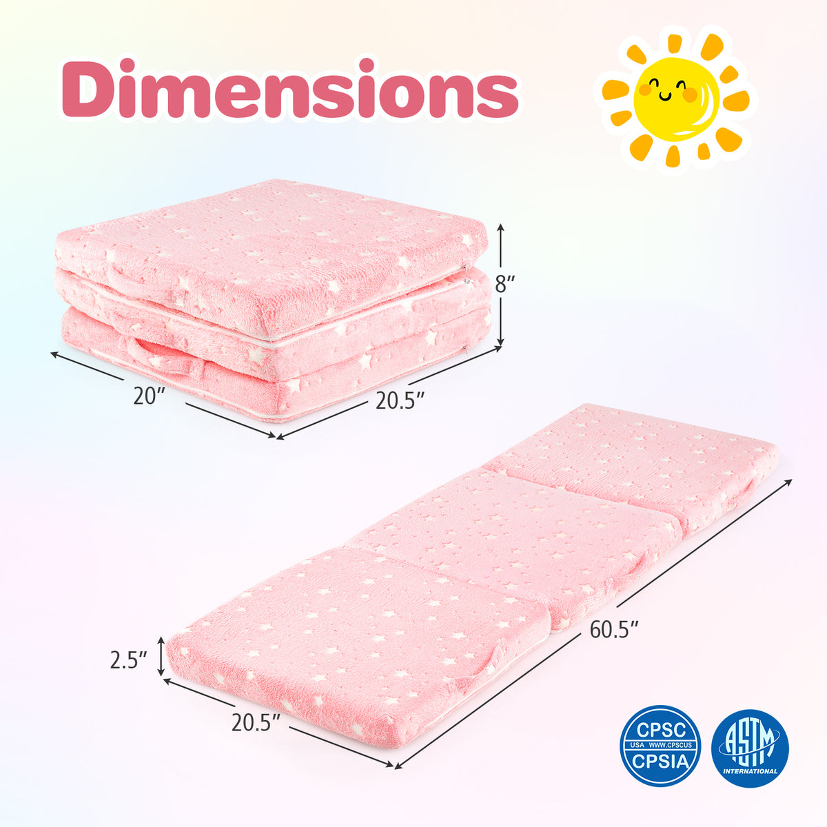 Kids Foldable Luminous Floor Mattress with Washable Flannel Cover - Pink