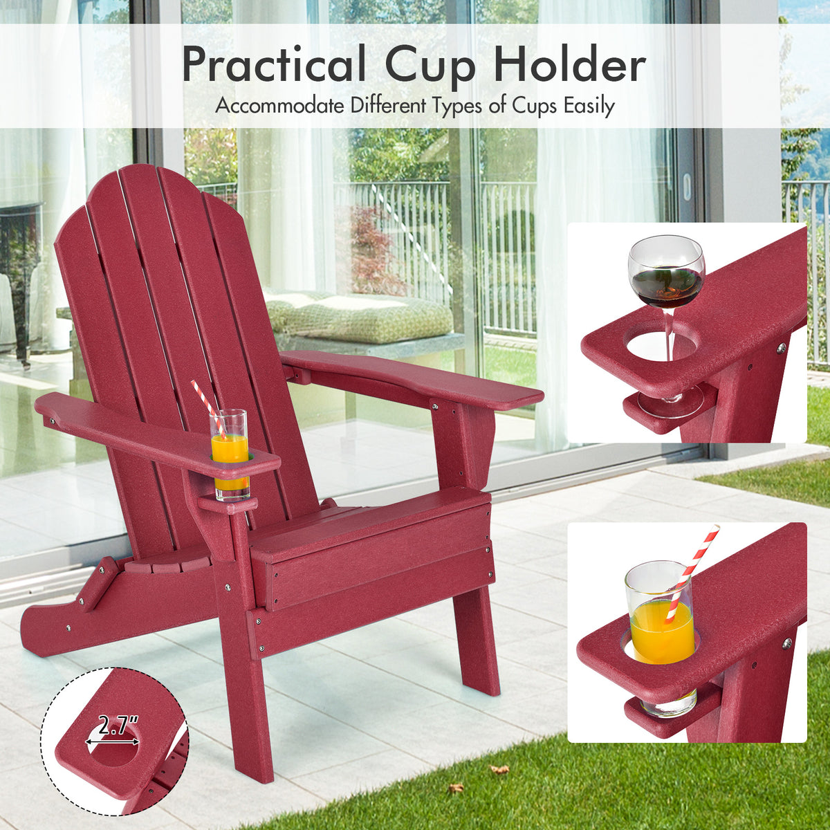 Foldable Patio Chair with Cup Holder - Red