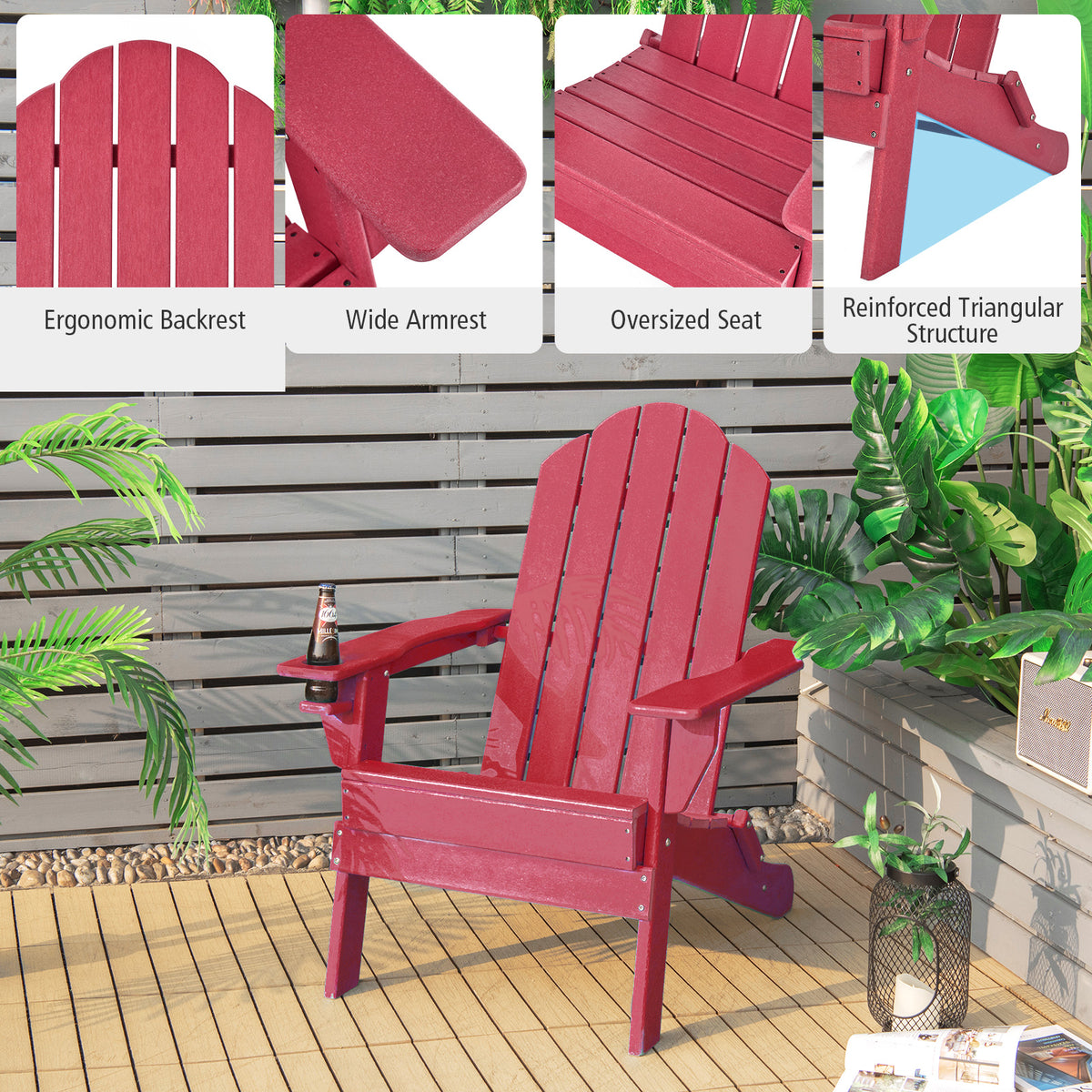 Foldable Patio Chair with Cup Holder - Red