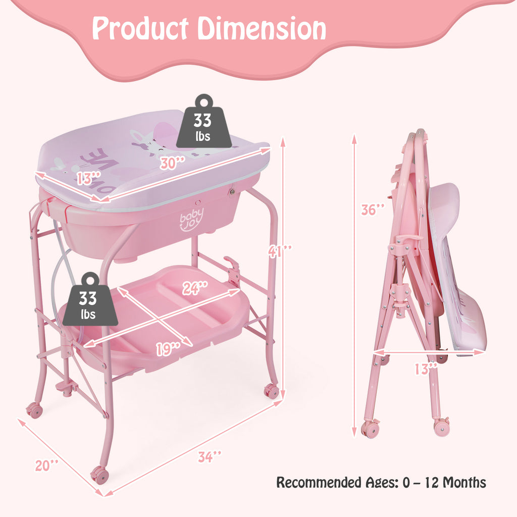 Pink Folding Baby Changing Table with Bathtub & 4 Universal Wheels