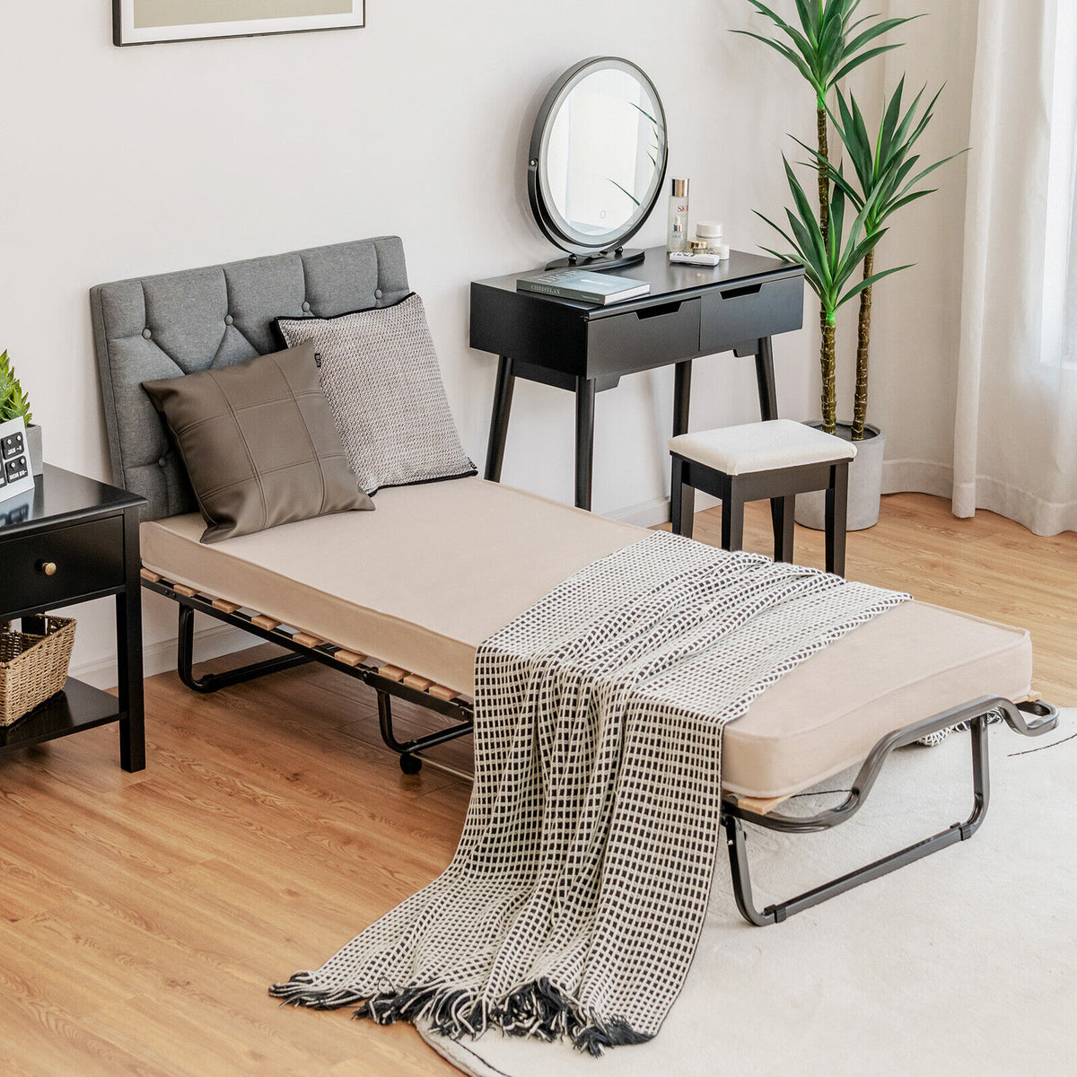 Rollaway Folding Bed with Memory Foam Mattress - Light Beige
