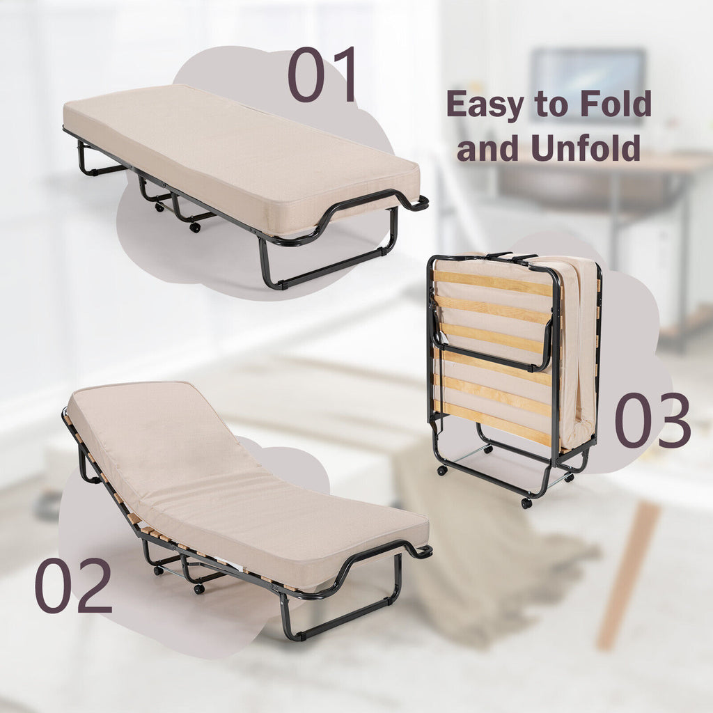 Rollaway Folding Bed with Memory Foam Mattress - Light Beige