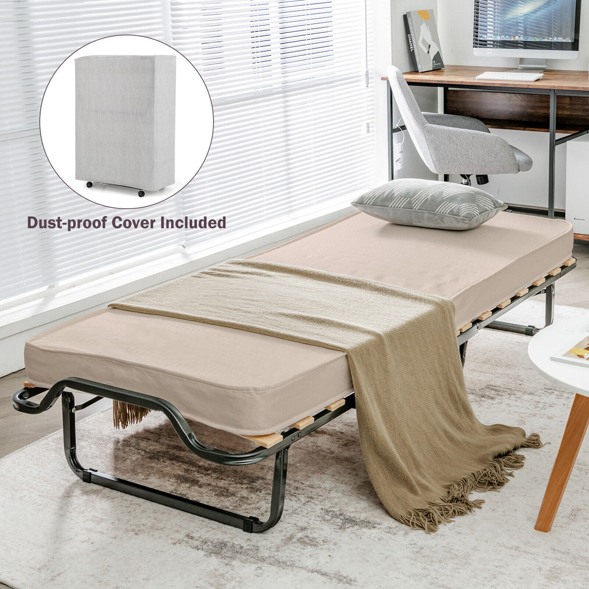Rollaway Folding Bed with Memory Foam Mattress - Light Beige