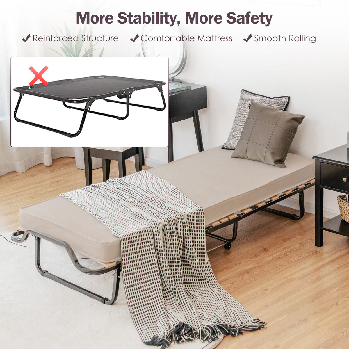 Rollaway Folding Bed with Memory Foam Mattress - Light Beige
