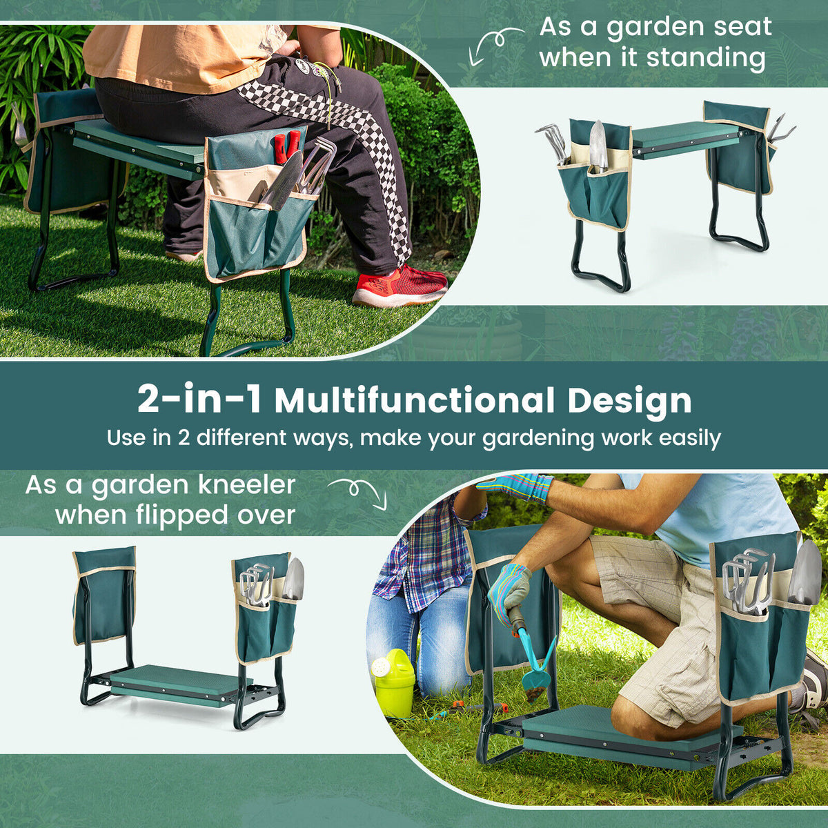Folding Garden Kneeler and Seat Bench with Tool Pouches