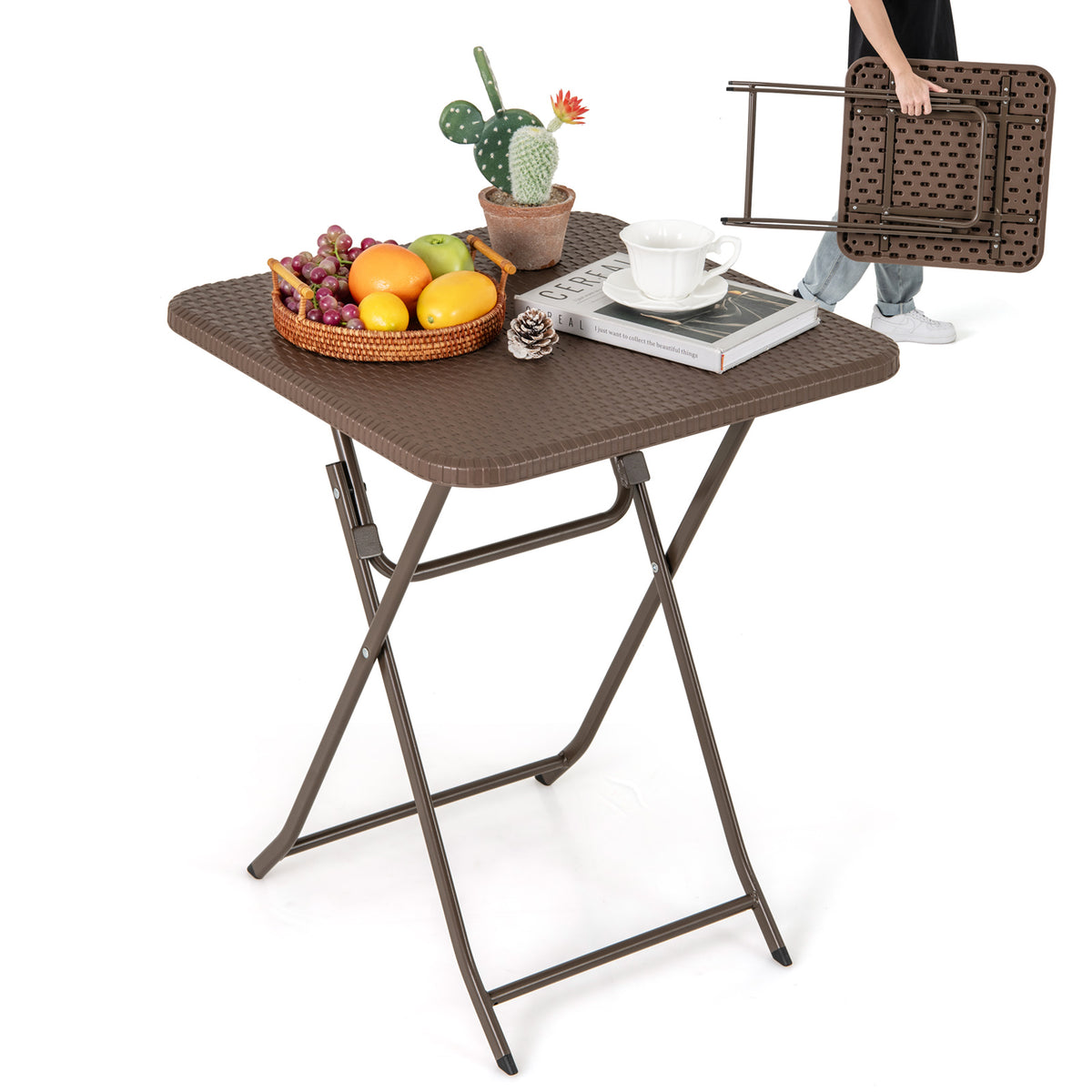 Folding Picnic Table with Rattan Grain HDPE Tabletop and Sturdy Metal