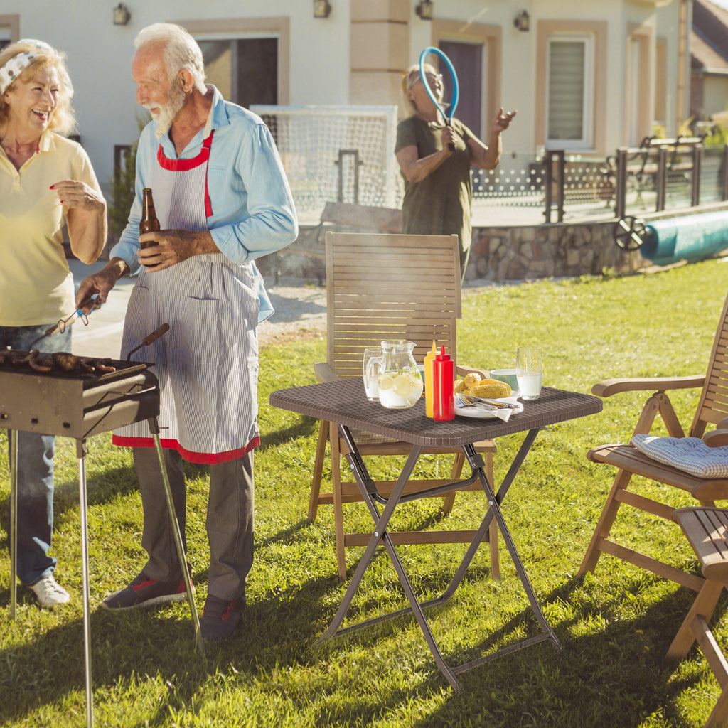 Folding Picnic Table with Rattan Grain HDPE Tabletop and Sturdy Metal