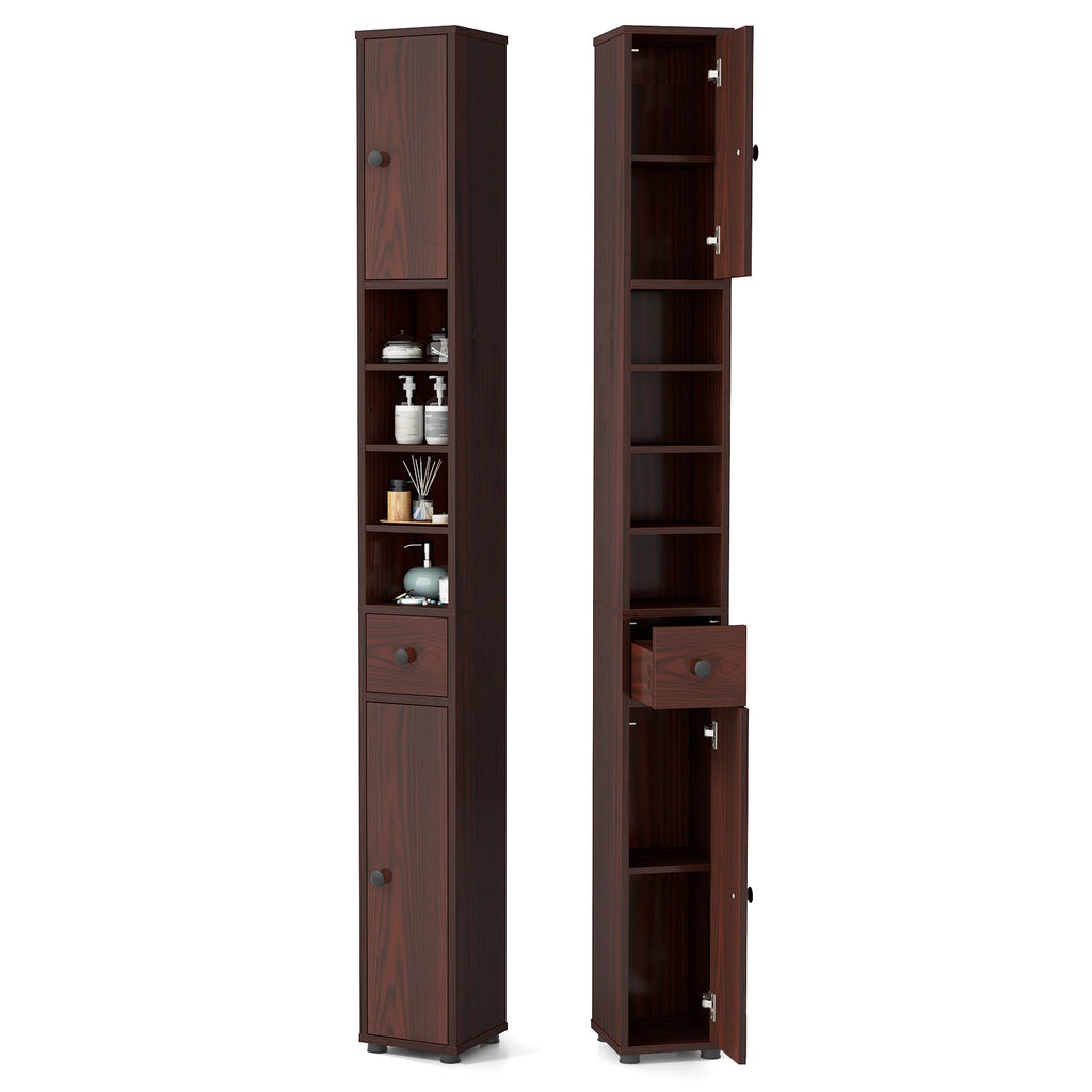 Slim Bathroom Cabinet with Drawer and Adjustable Shelves, Brown