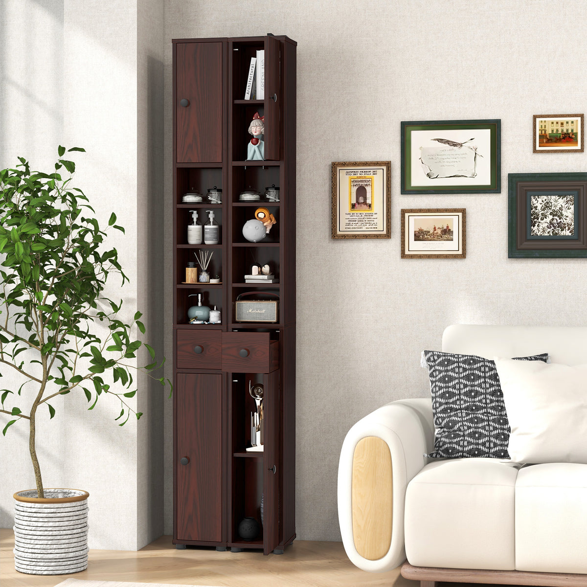 Slim Bathroom Cabinet with Drawer and Adjustable Shelves, Brown