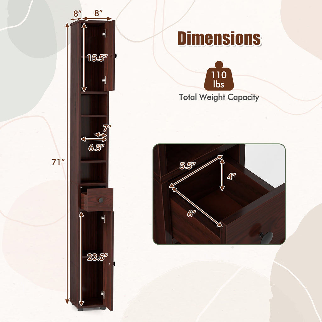 Slim Bathroom Cabinet with Drawer and Adjustable Shelves, Brown